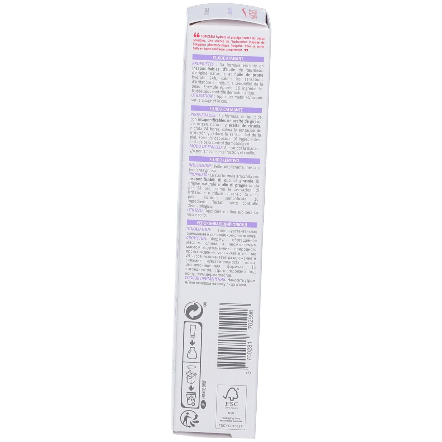 Rückseite der Produktverpackung. Text in mehreren Sprachen, darunter Französisch, Deutsch, Italienisch und Niederländisch.