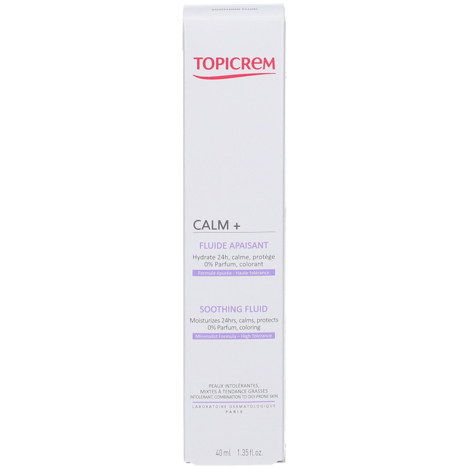 Produktverpackung mit Schachtel. TOPICREM CALM+ und Text in Deutsch und Englisch. 40 ml.