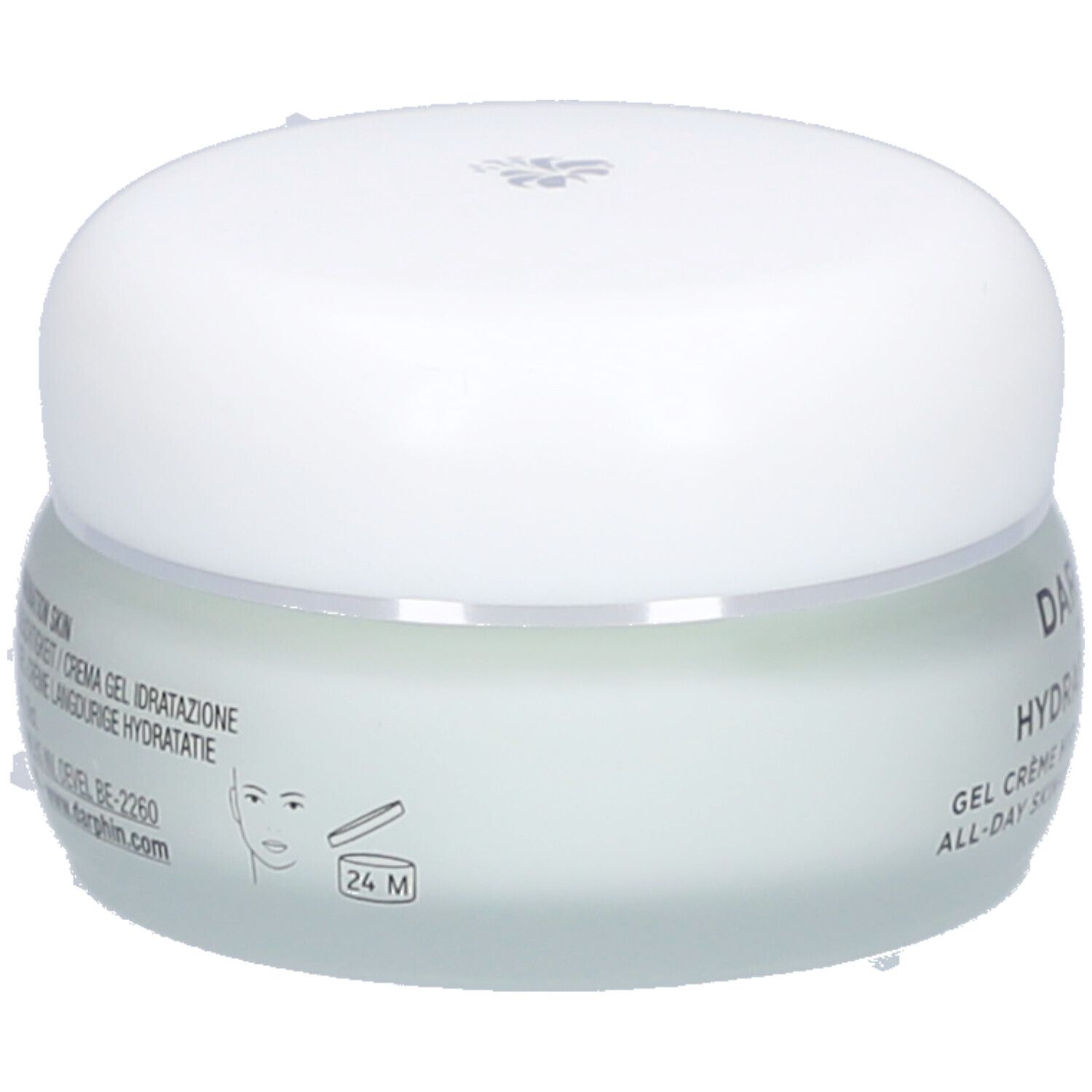 Creme-Gel-Behälter mit weißem Deckel. Aufschrift: Gel Crème Hydratation Continue. 24M-Symbol.
