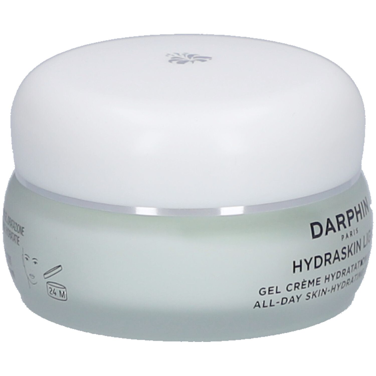Creme-Gel-Behälter mit weißem Deckel. Aufschrift: Darphin Hydraskin Light. 24M-Symbol.