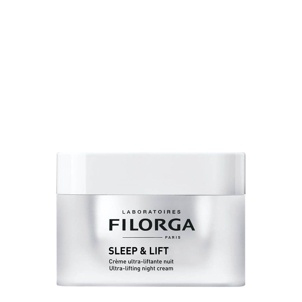 Weißes Glas mit FILORGA SLEEP & LIFT. Text: Crème ultra-liftante nuit, Ultra-lifting night cream.