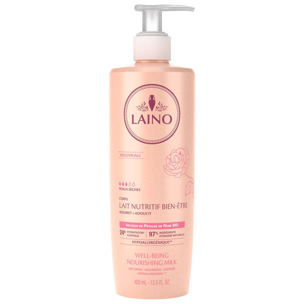 Rosa Flasche mit Pumpe. LAINO-Logo und Produktbezeichnung. Text: Lait Nutritif Bien-Être, Well-Being Nourishing Milk.