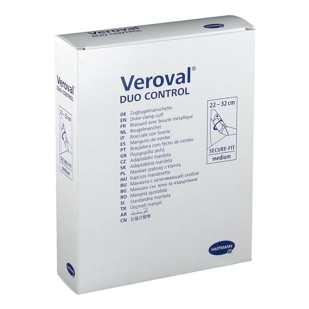 Veroval Duo Control Manschette. 22-32cm. Verpackung mit Produktinformationen und Illustration.