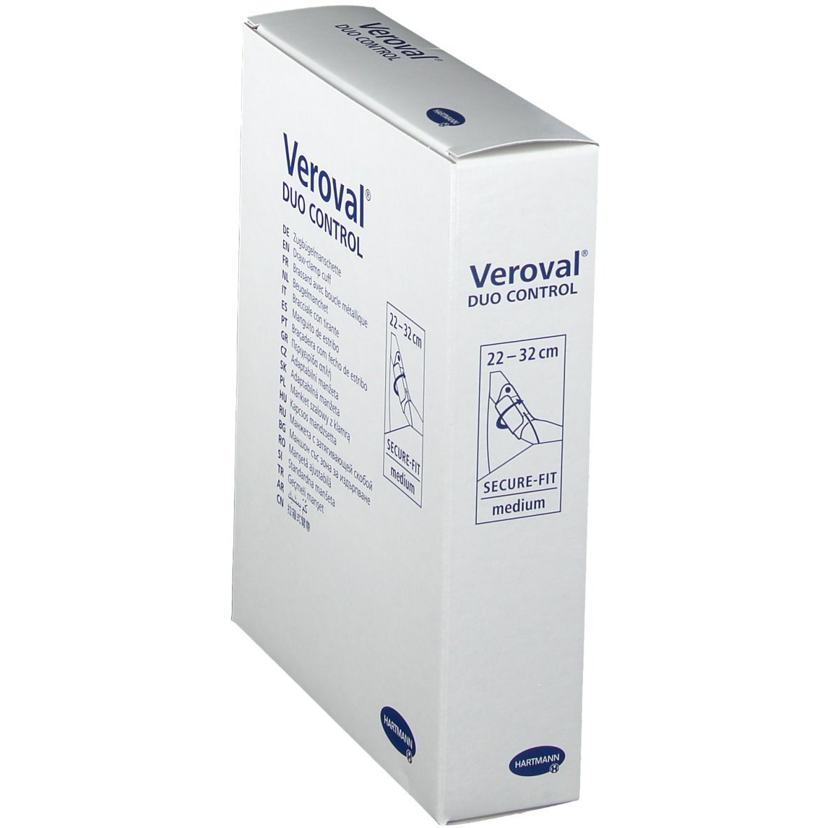 Veroval Duo Control Verpackung. Seitenansicht. Produktinformationen und Größenangabe 22-32cm.
