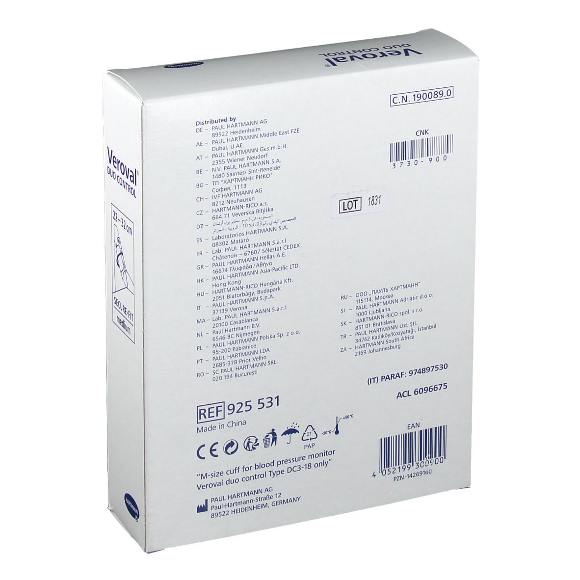 Veroval Duo Control Verpackung, Rückseite. Produktinformationen, Herstelleradresse, Chargennummer und CE-Kennzeichnung.