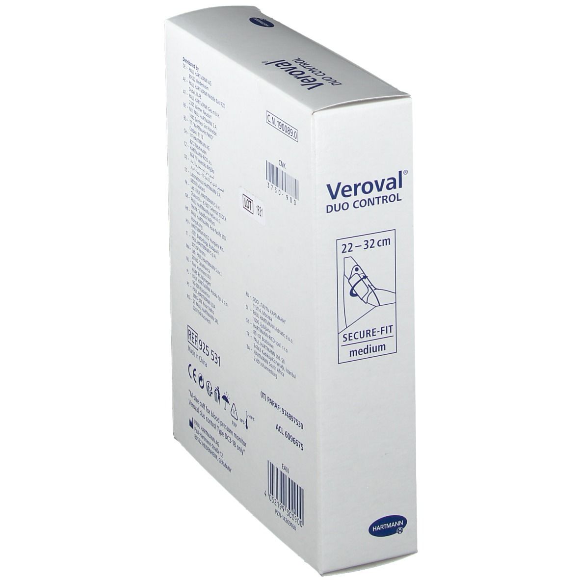 Veroval Duo Control Verpackung, schräge Seitenansicht. Produktinformationen und Größenangabe 22-32cm.