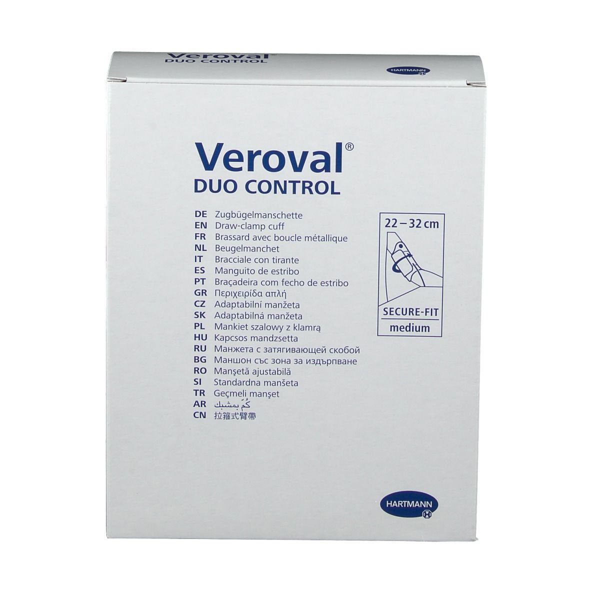 Veroval Duo Control Manschette. 22-32cm. Verpackung mit Produktinformationen und Illustration.