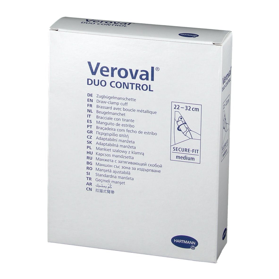 Veroval Duo Control Manschette. 22-32cm. Verpackung mit Produktinformationen und Illustration.