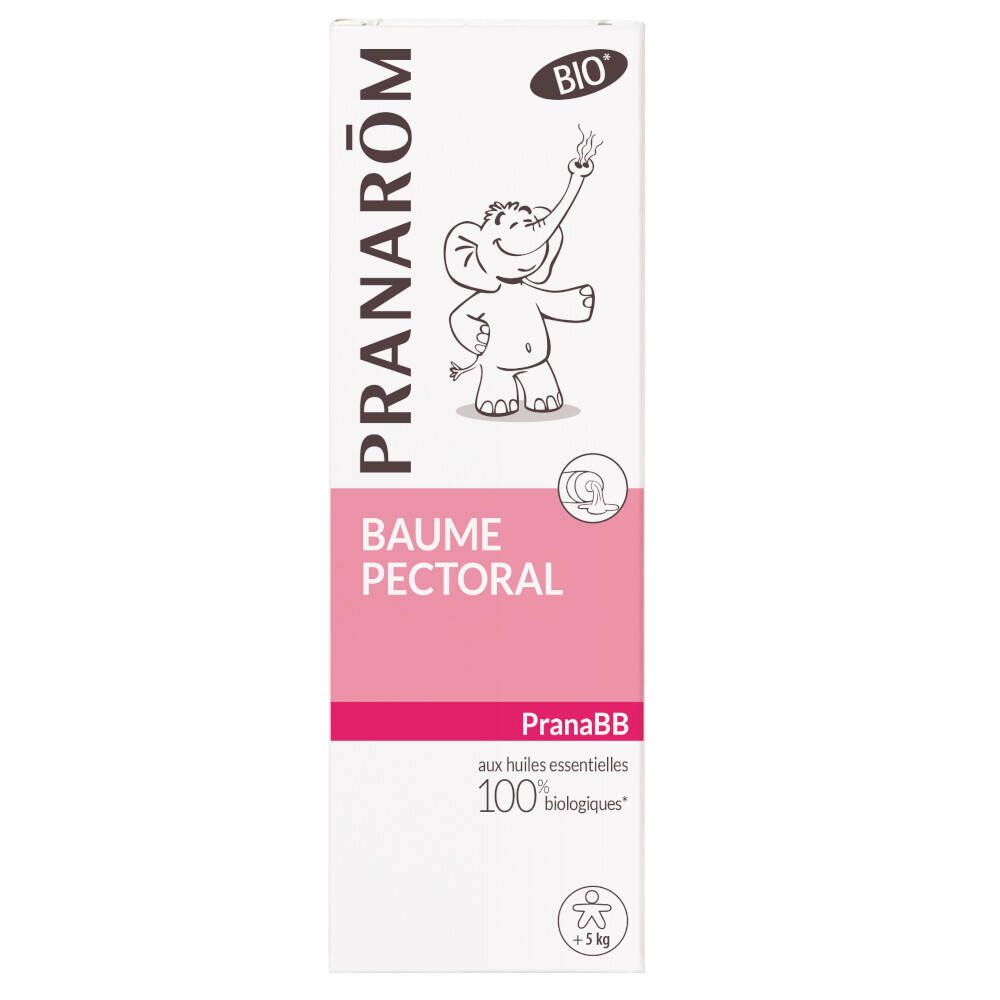 Weiße Verpackung mit „PRANAROM“ und „BAUME PECTORAL“. Bio-Zertifizierung. Rosa Feld mit Produktnamen.