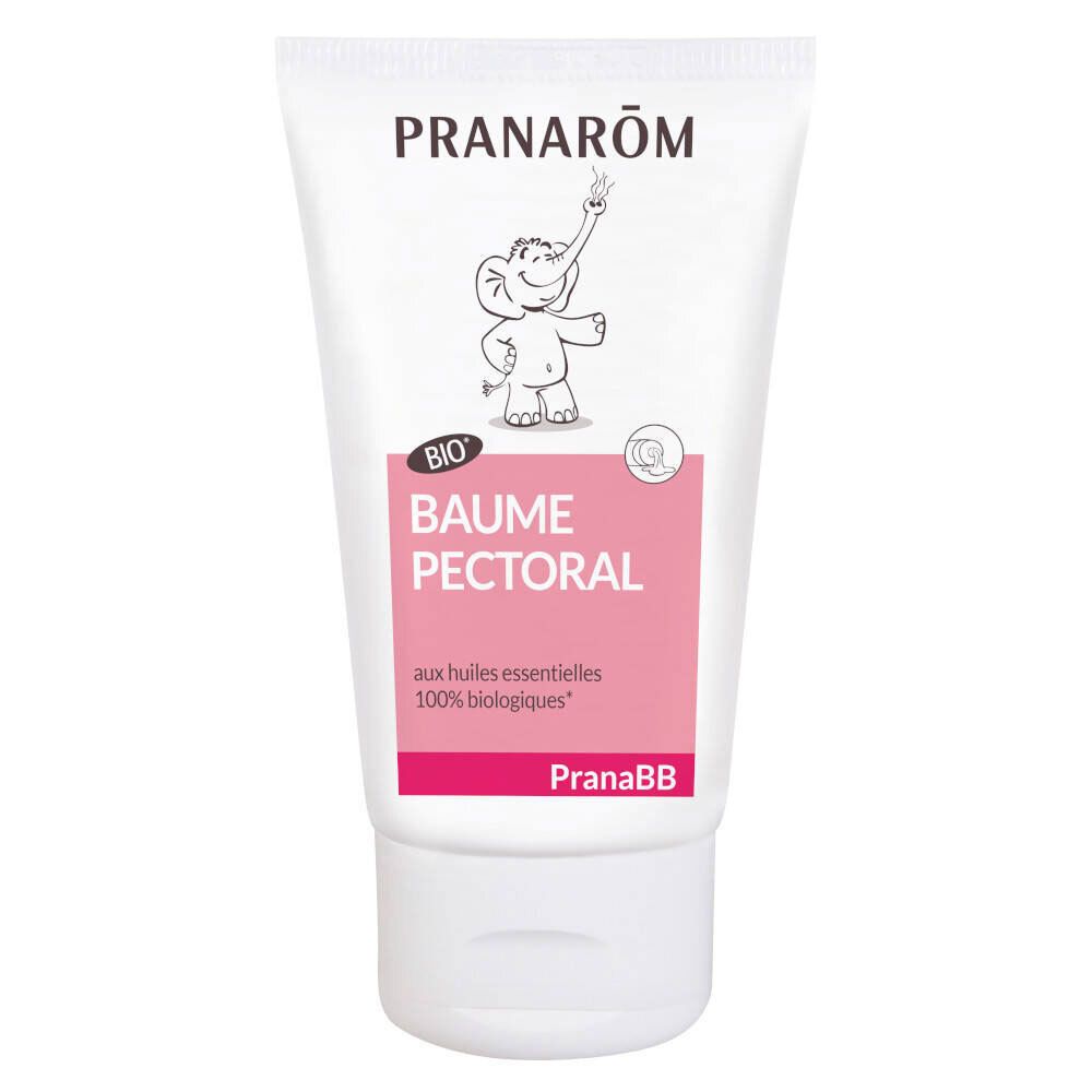 Weiße Tube mit „PRANAROM“ und „BAUME PECTORAL“. Bio-Zertifizierung. Rosa Feld mit Produktnamen.