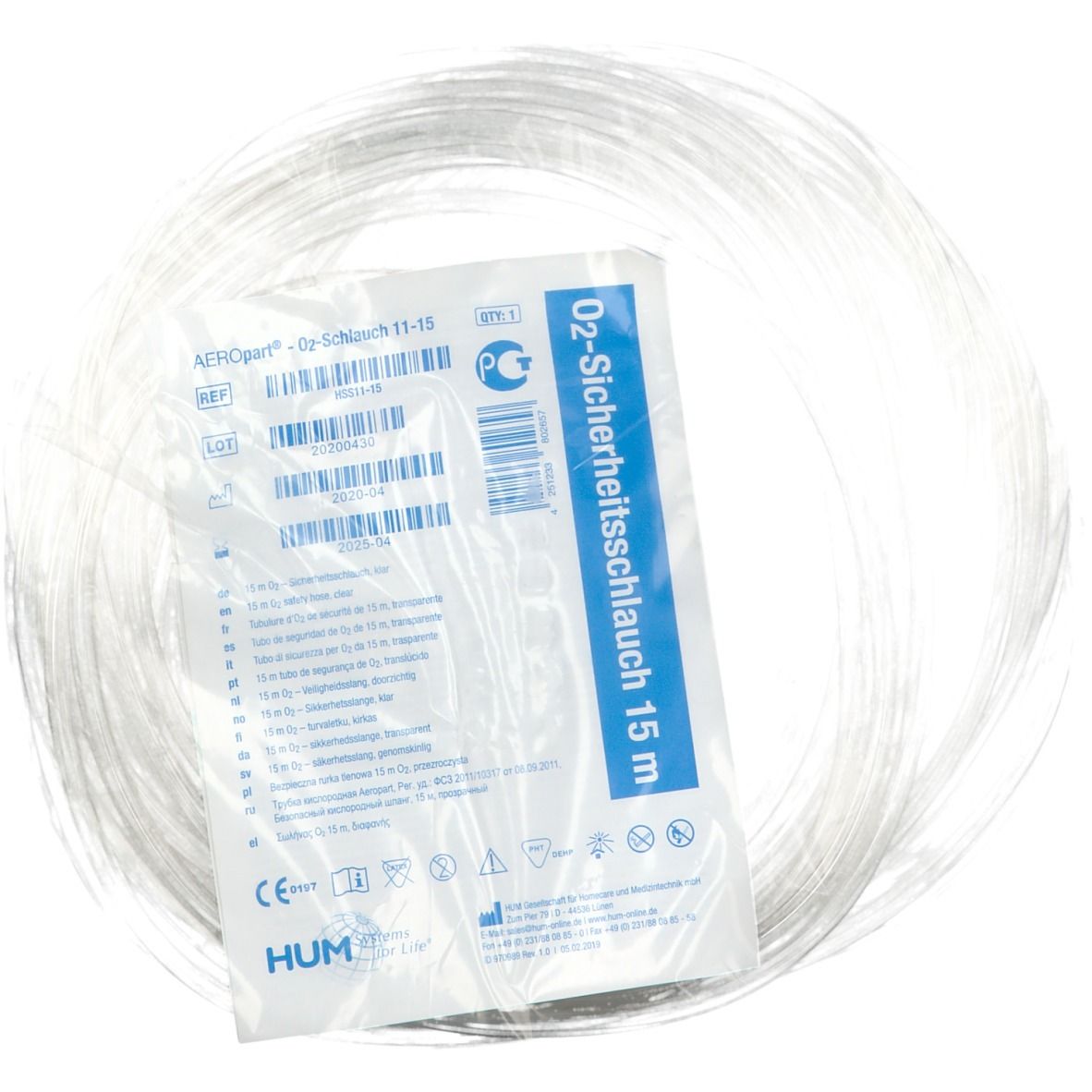 O2-Sicherheitsschlauch 15 m, transparent, gerollt in Folienverpackung. Aufdrucke: AEROpart, CE-Zeichen, Chargennummer, Hersteller.