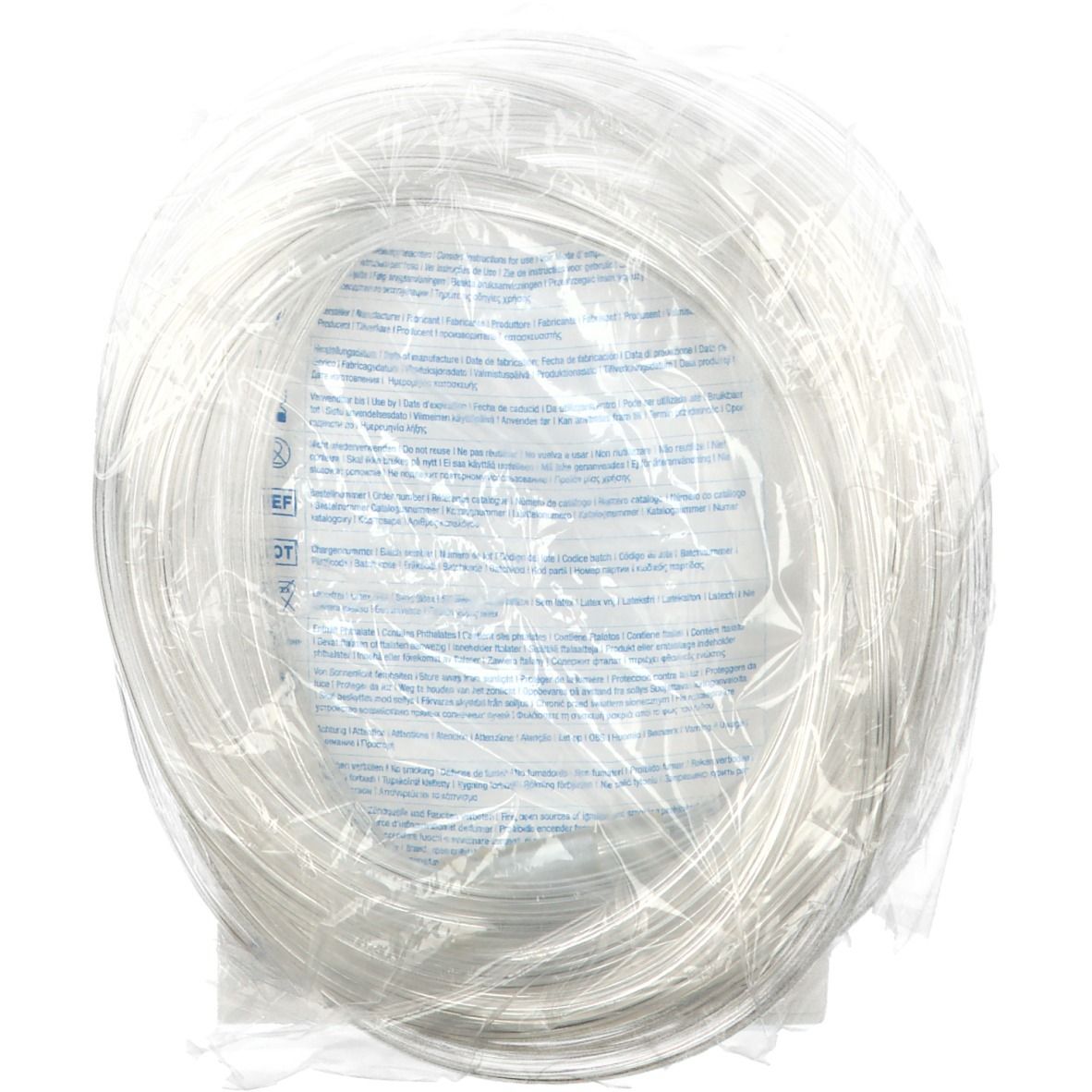 AEROpart® O2-Sicherheitschlauch 7,5 m, transparent, aufgerollt in Folie. Produktetikett teilweise sichtbar.