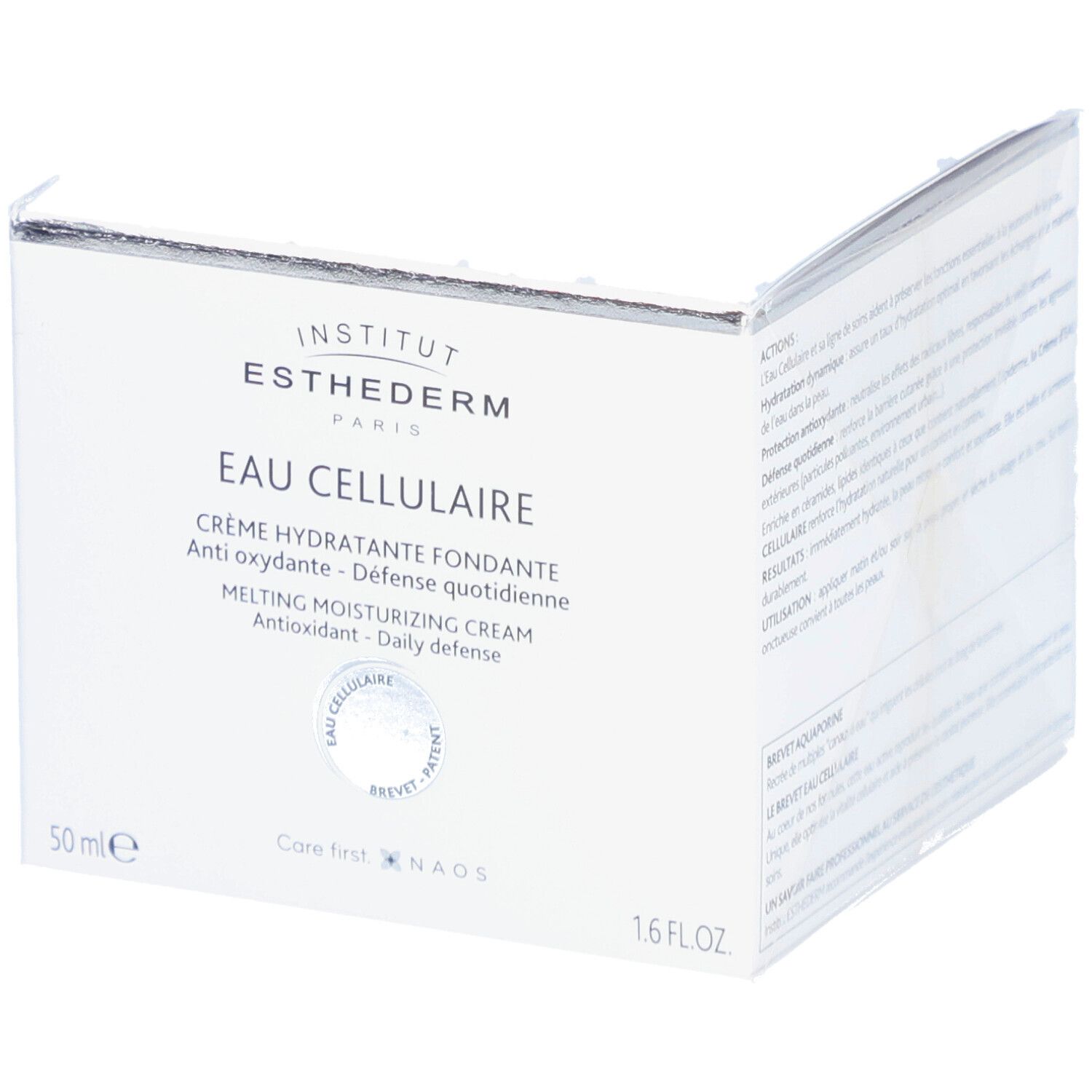 Weiße Schachtel mit INSTITUT ESTHEDERM Logo und Produktnamen. Text: EAU CELLULAIRE, Crème hydratante fondante.