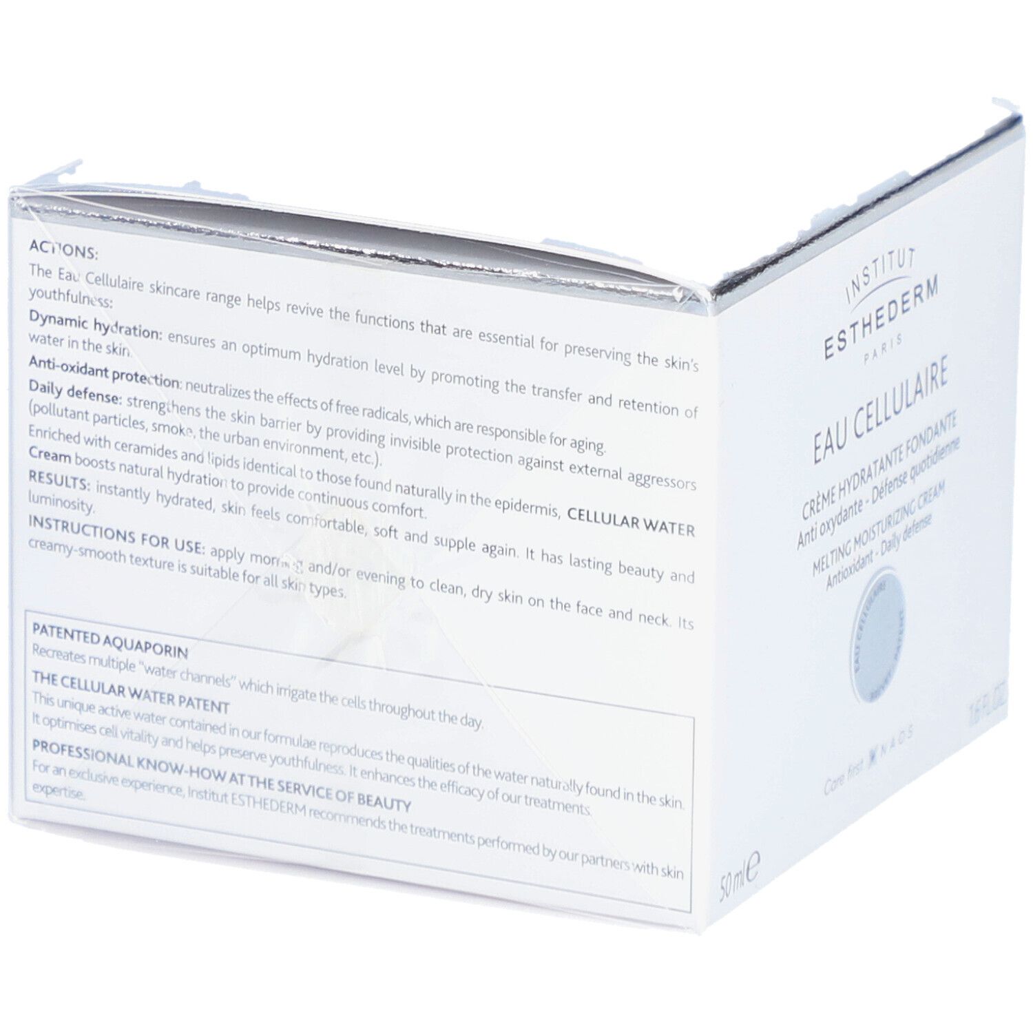 Weiße Schachtel mit Text. INSTITUT ESTHEDERM, EAU CELLULAIRE. Text in mehreren Sprachen. 50 ml.