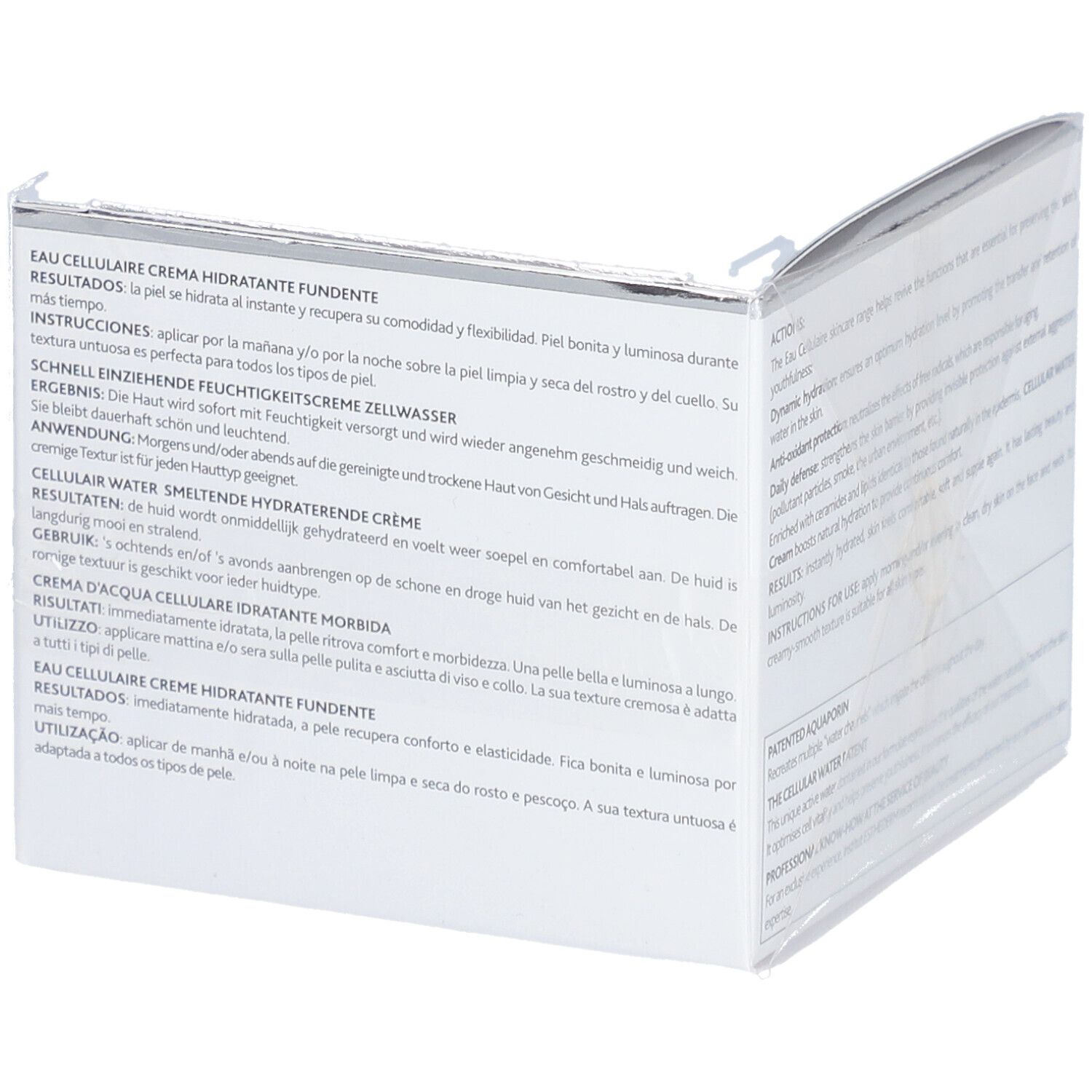 Weiße Schachtel mit Text in mehreren Sprachen. INSTITUT ESTHEDERM, EAU CELLULAIRE. Text über Anwendung und Ergebnisse.