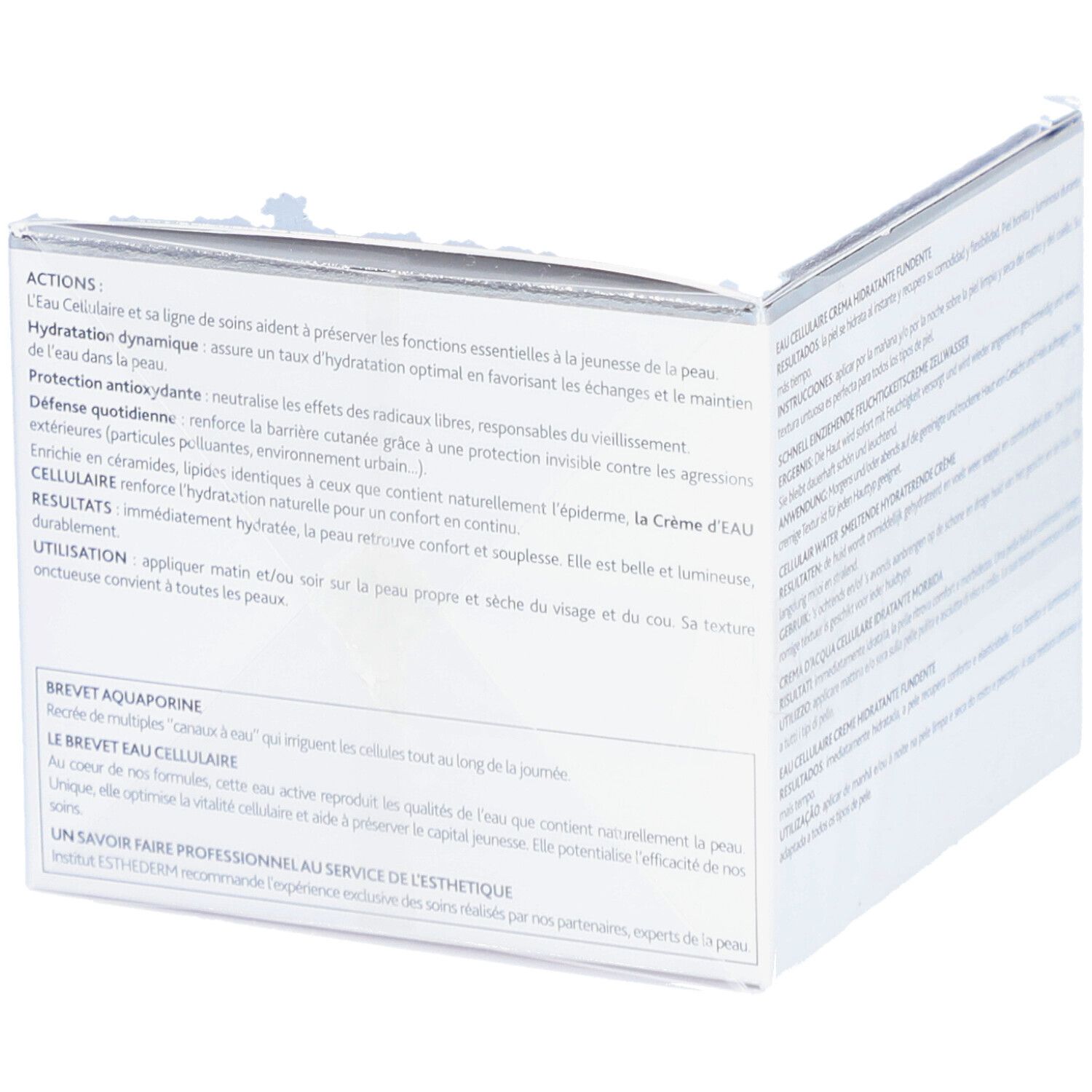 Weiße Schachtel mit Text. INSTITUT ESTHEDERM, EAU CELLULAIRE. Text über Inhaltsstoffe und Anwendung.