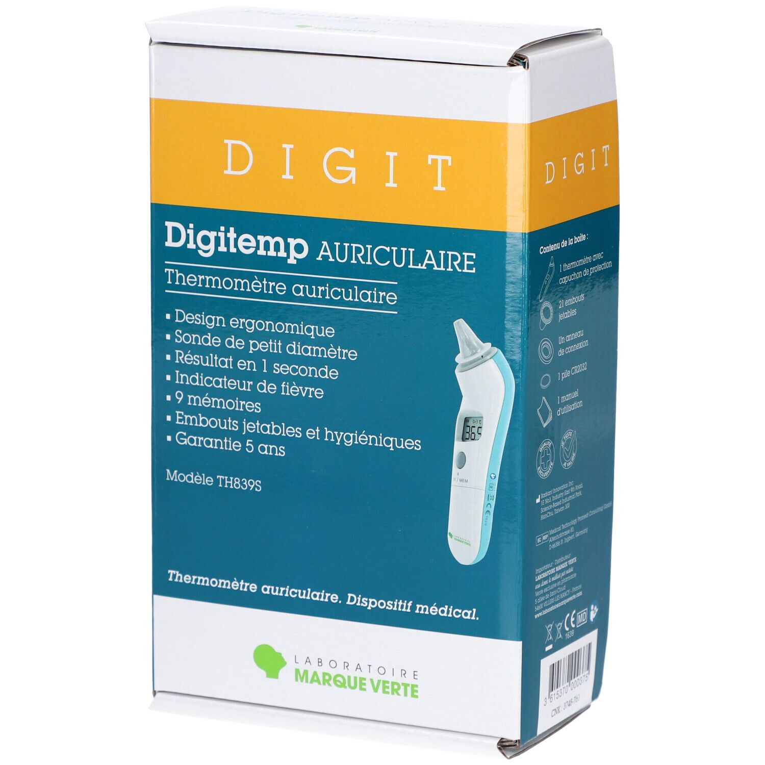 Ohrthermometer-Verpackung. Produktname: Digitemp Auriculaire. Merkmale: ergonomisches Design, kleine Sonde, 9 Speicher, Einweg-Ohrschützer.