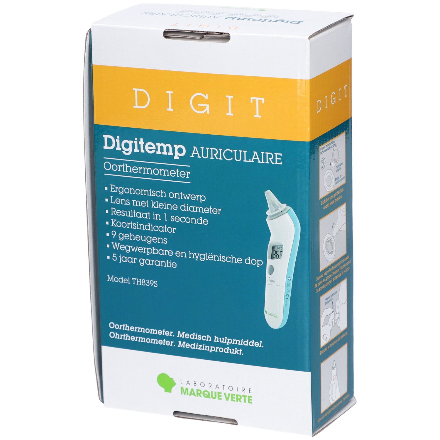 Ohrthermometer-Verpackung. Produktname: Digitemp Auriculaire. Merkmale: ergonomisches Design, kleine Sonde, 9 Speicher, Einweg-Ohrschützer.