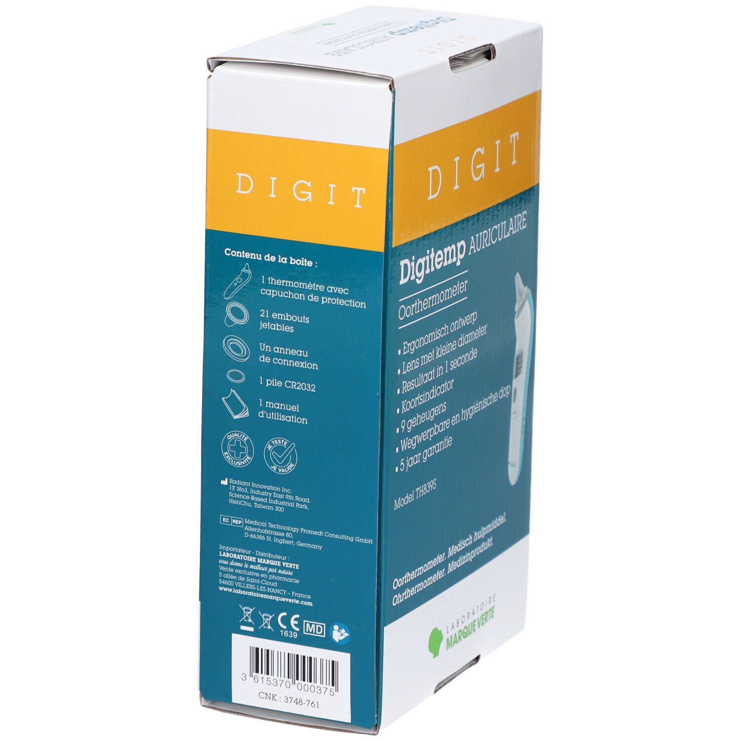 Rückseite der Digitemp Ohrthermometer-Verpackung. Inhalt: Thermometer, 21 Ohrschützer, Ring, Batterie, Handbuch. Marke: Laboratoire Marque Verte.