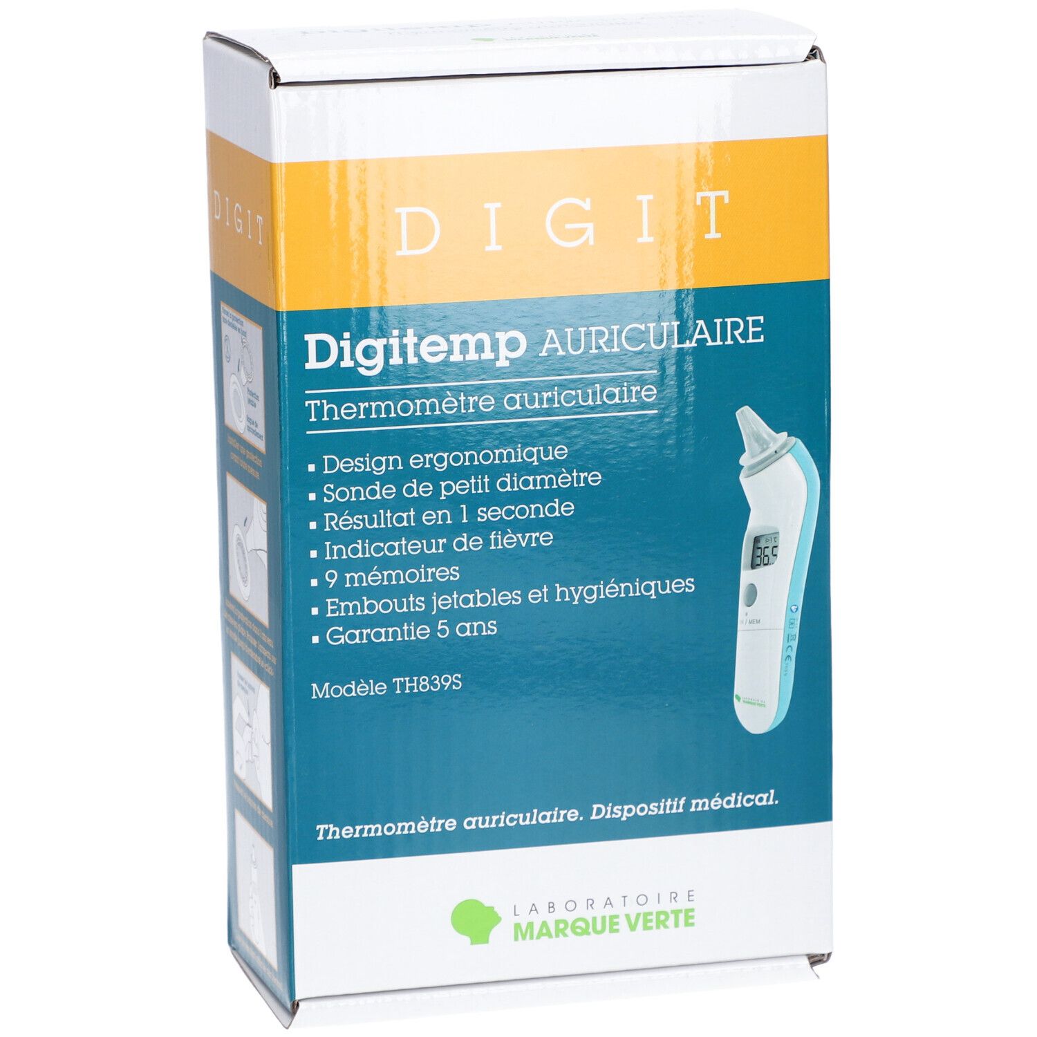 Ohrthermometer-Verpackung. Produktname: Digitemp Auriculaire. Merkmale: ergonomisches Design, kleine Sonde, 9 Speicher, Einweg-Ohrschützer.