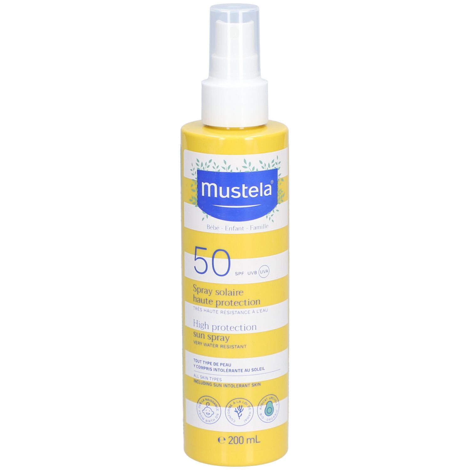 Gelbe Flasche mit weißem Sprühkopf. Aufschrift: Mustela, 50 SPF, Sonnenschutzspray. Wasserfest.