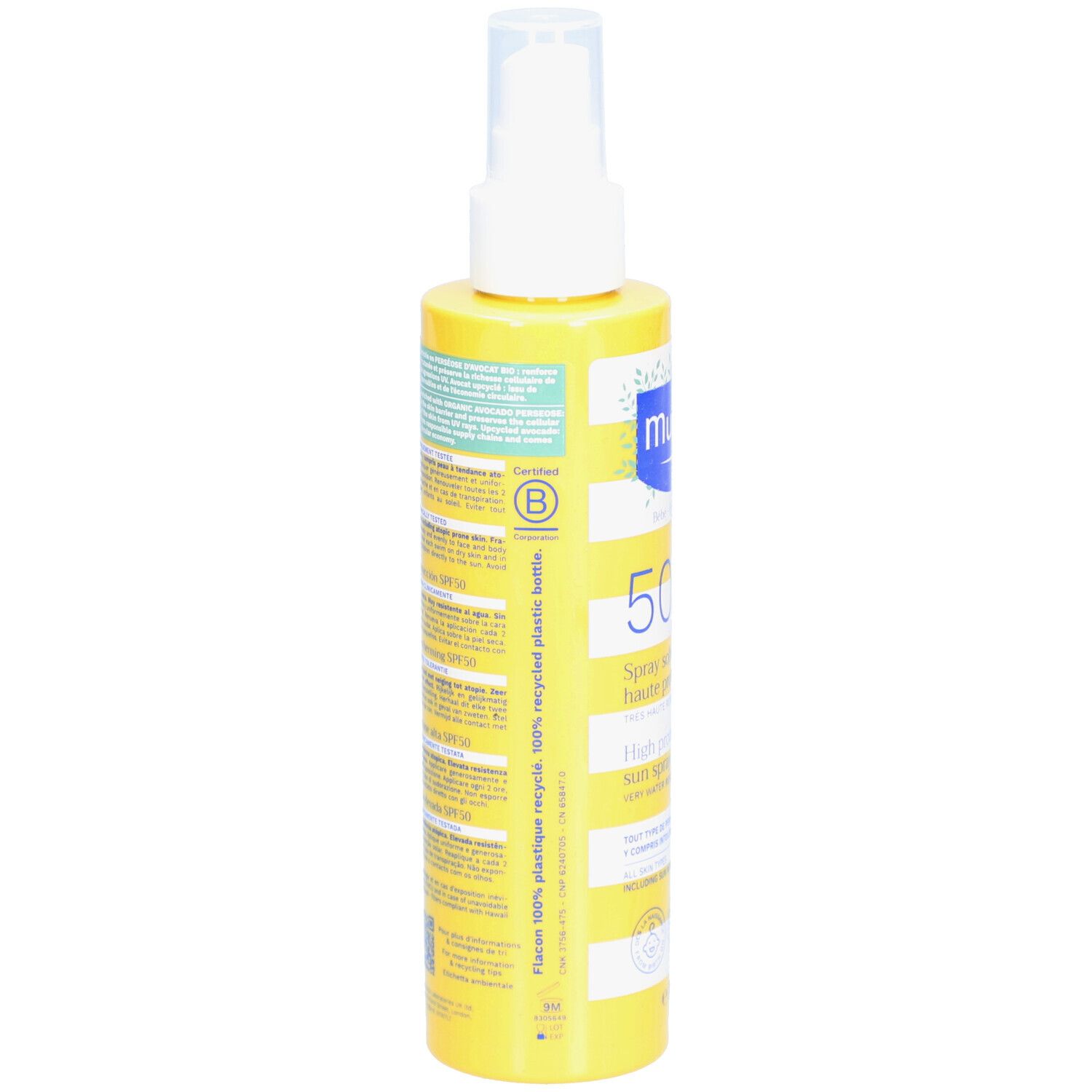 Rückseite der gelben Flasche. Text in mehreren Sprachen. Flasche aus 100% recyceltem Kunststoff.