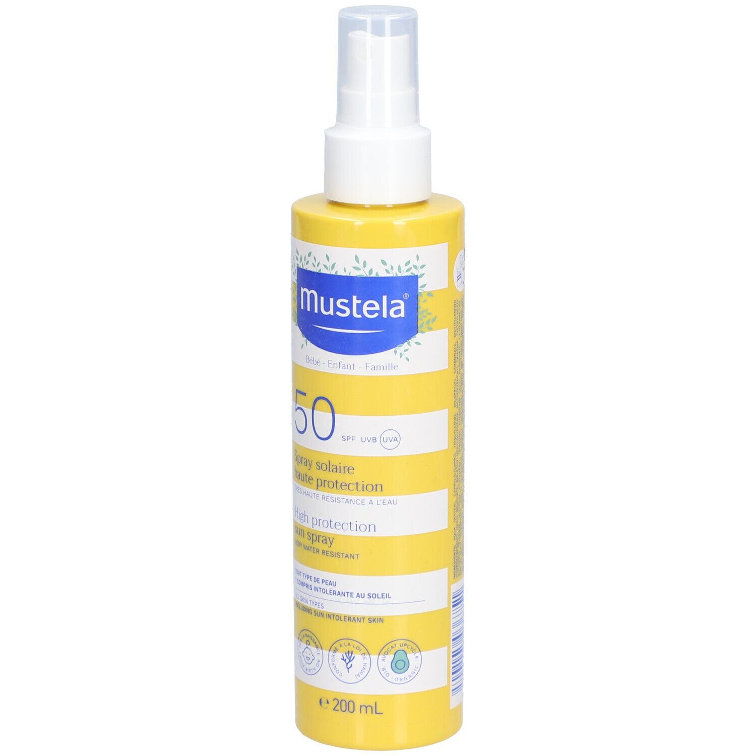 Gelbe Flasche mit weißem Sprühkopf. Aufschrift: Mustela, 50 SPF, Sonnenschutzspray. Für empfindliche Haut.