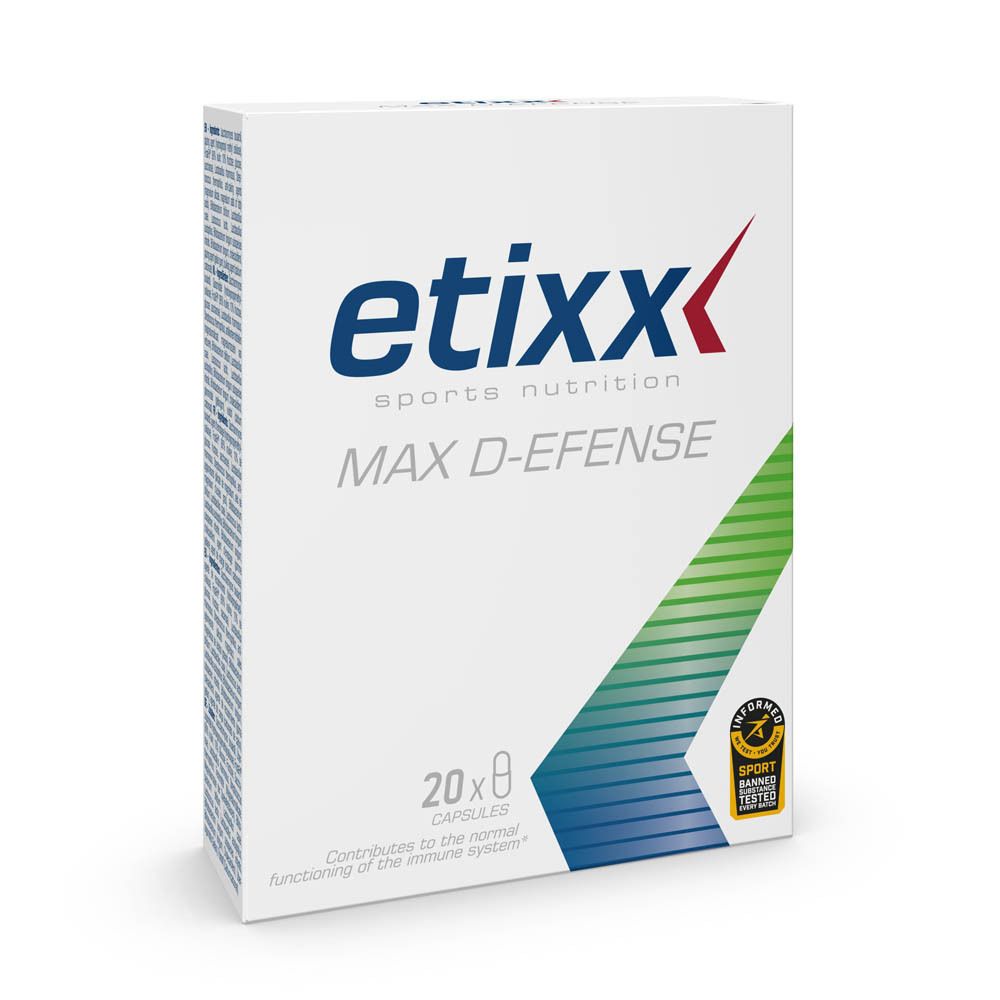 Weißer Karton mit "etixx MAX D-EFENSE"-Logo. Enthält 20 Kapseln. Aufdruck: "Sport nutrition". Mit Sport-Zertifizierung.