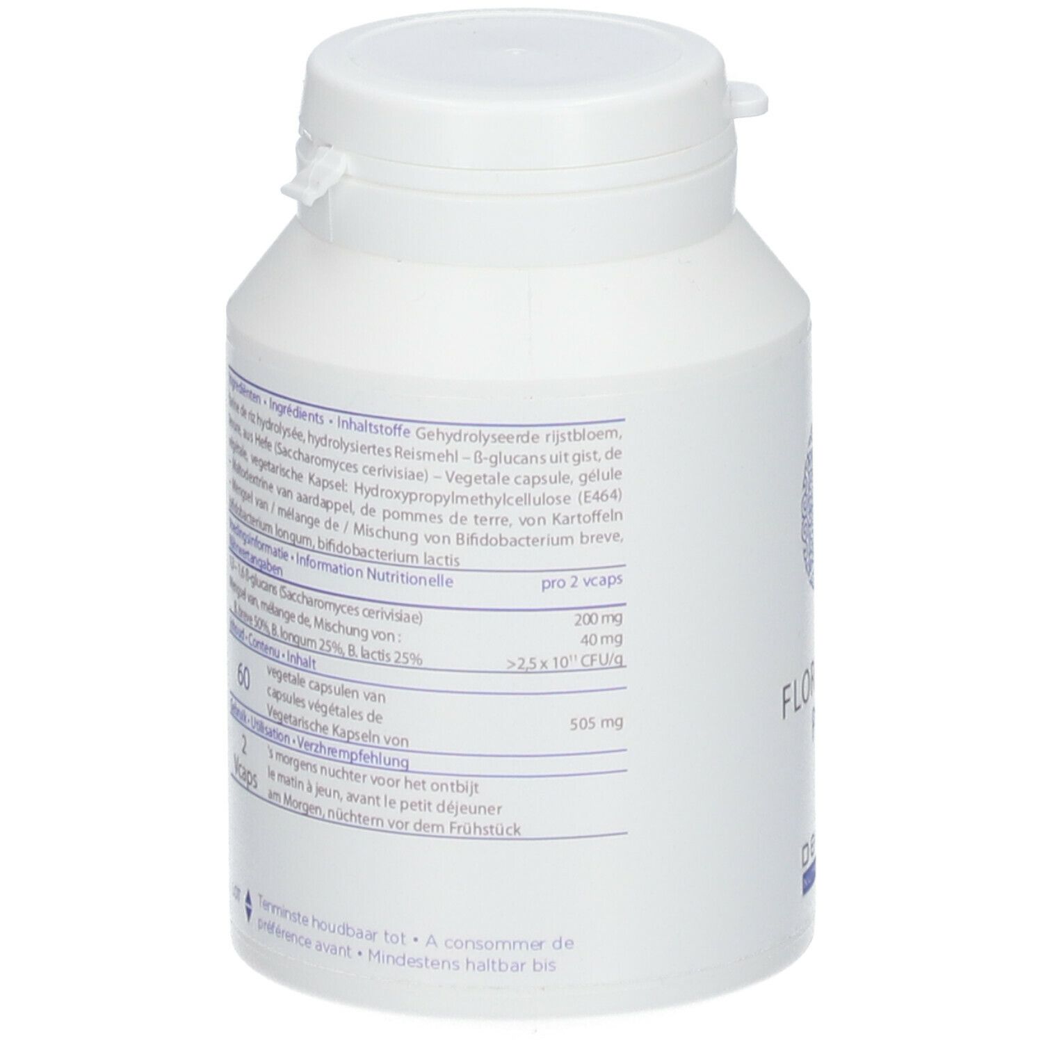 Weiße Flasche, Rückseite. Text mit Inhaltsstoffen und Nährwertangaben. Deckel oben.