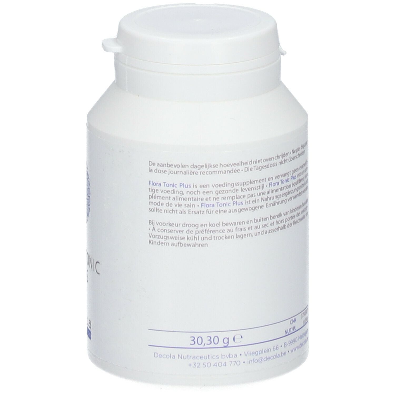 Weiße Flasche, Rückseite. Text mit Informationen. Gewicht: 30,3 g. Deckel oben.