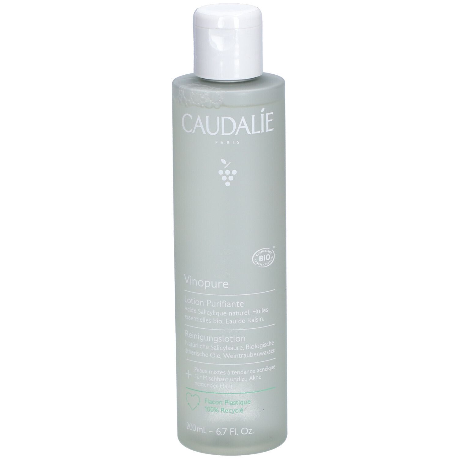 Grüne Flasche mit weißem Deckel. Aufschrift Caudalie, Vinopure, Reinigungs-Lotion. Bio-Siegel. 200ml.