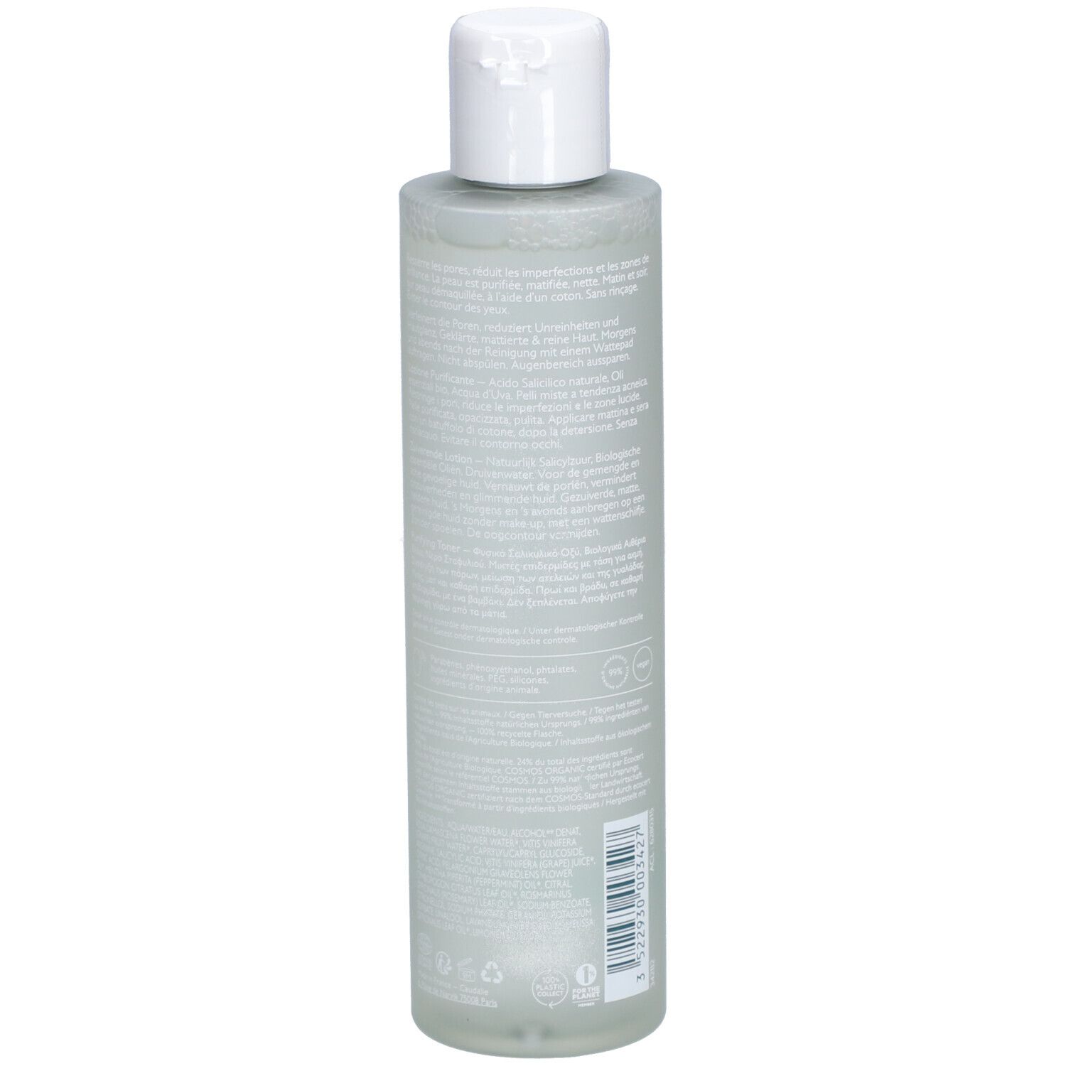 Rückseite der grünen Flasche mit weißem Deckel. Text in mehreren Sprachen. Barcode. Recycling-Logo.