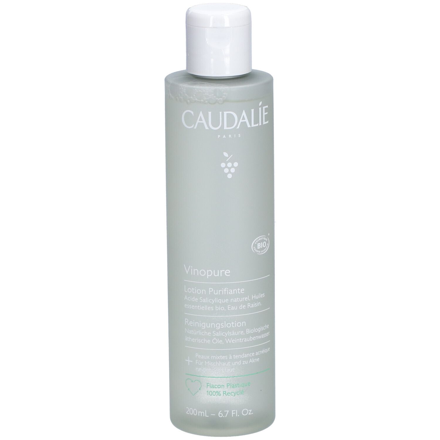Grüne Flasche mit weißem Deckel. Aufschrift Caudalie, Vinopure, Reinigungs-Lotion. Bio-Siegel. 200ml.