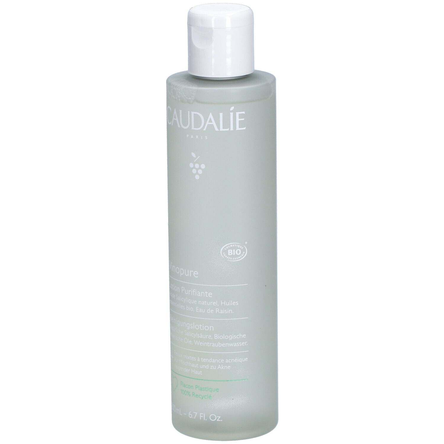 Grüne Flasche mit weißem Deckel. Aufschrift Caudalie, Vinopure, Reinigungs-Lotion. Bio-Siegel. 200ml.
