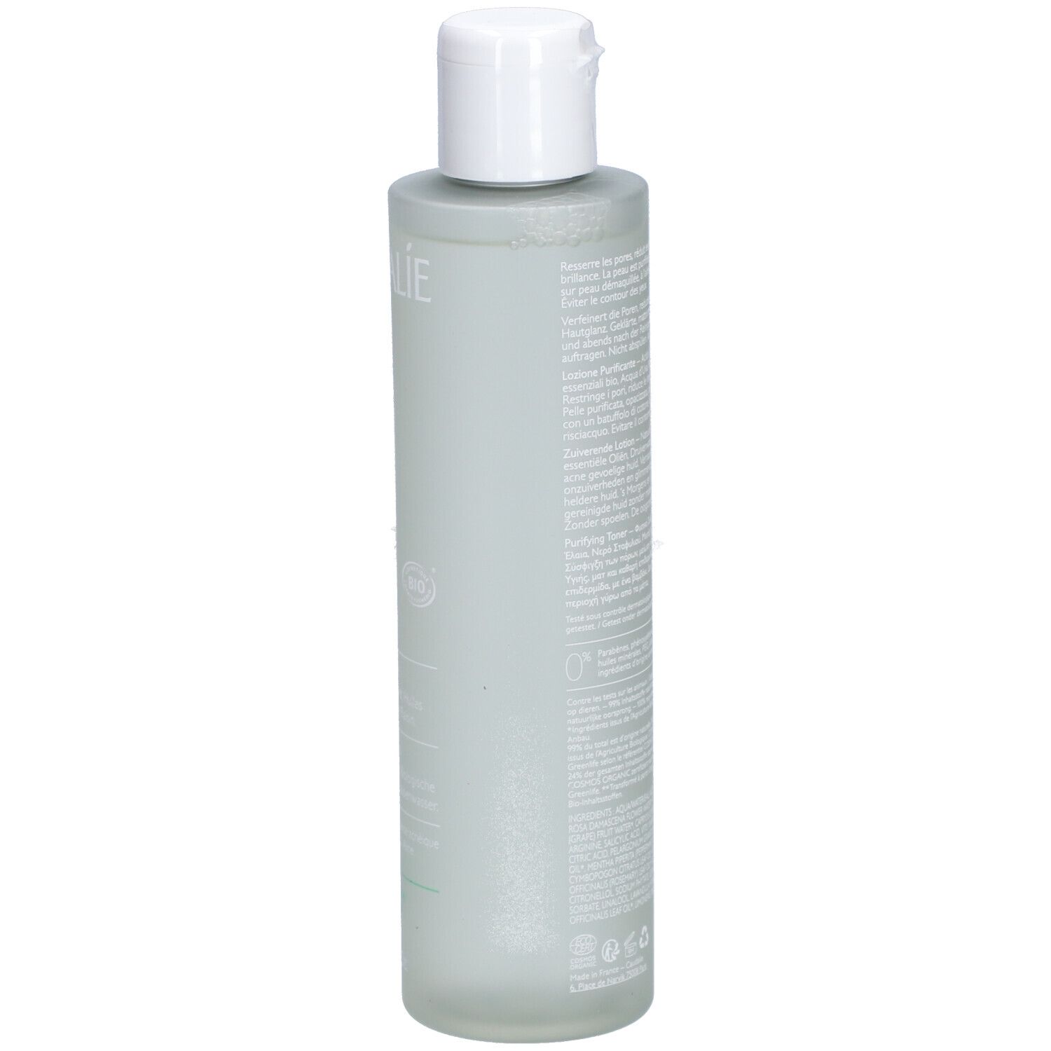 Rückseite der grünen Flasche mit weißem Deckel. Text in mehreren Sprachen. Recycling-Logo. Barcode.