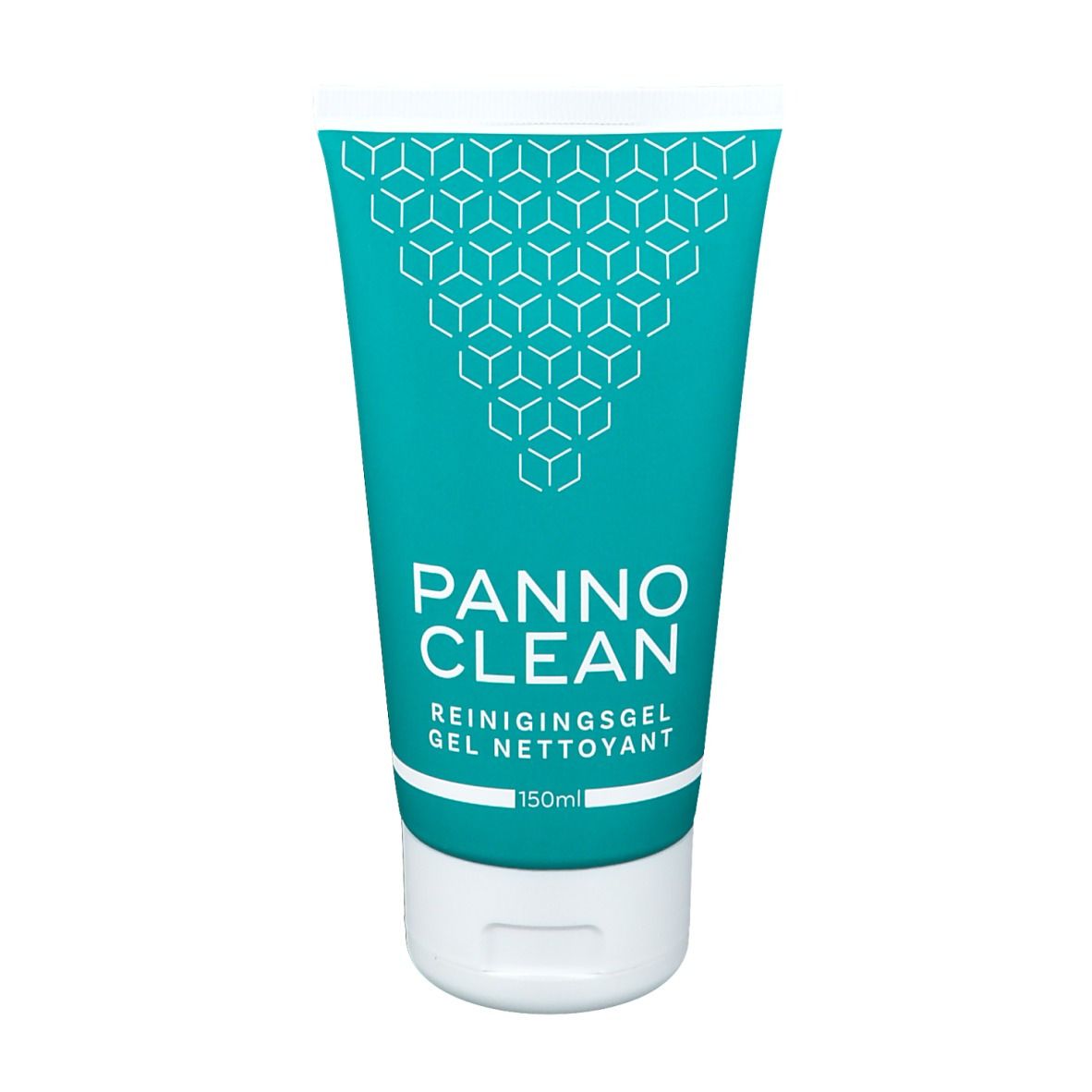 Türkisfarbene Tube mit weißem Deckel. Aufschrift: PANNO CLEAN, Reinigungsgel, 150ml. Geometrisches Muster.