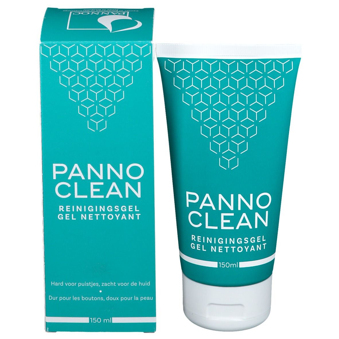 Produktverpackung mit Tube und Schachtel. Tube: Türkis, weißer Deckel, Aufschrift PANNO CLEAN, 150ml. Schachtel: Türkis, weiß.