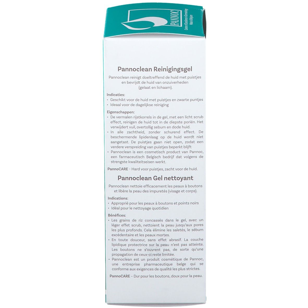 Schachtel mit Produktinformationen. Text in Englisch, Französisch und Niederländisch. Türkis und weiß.