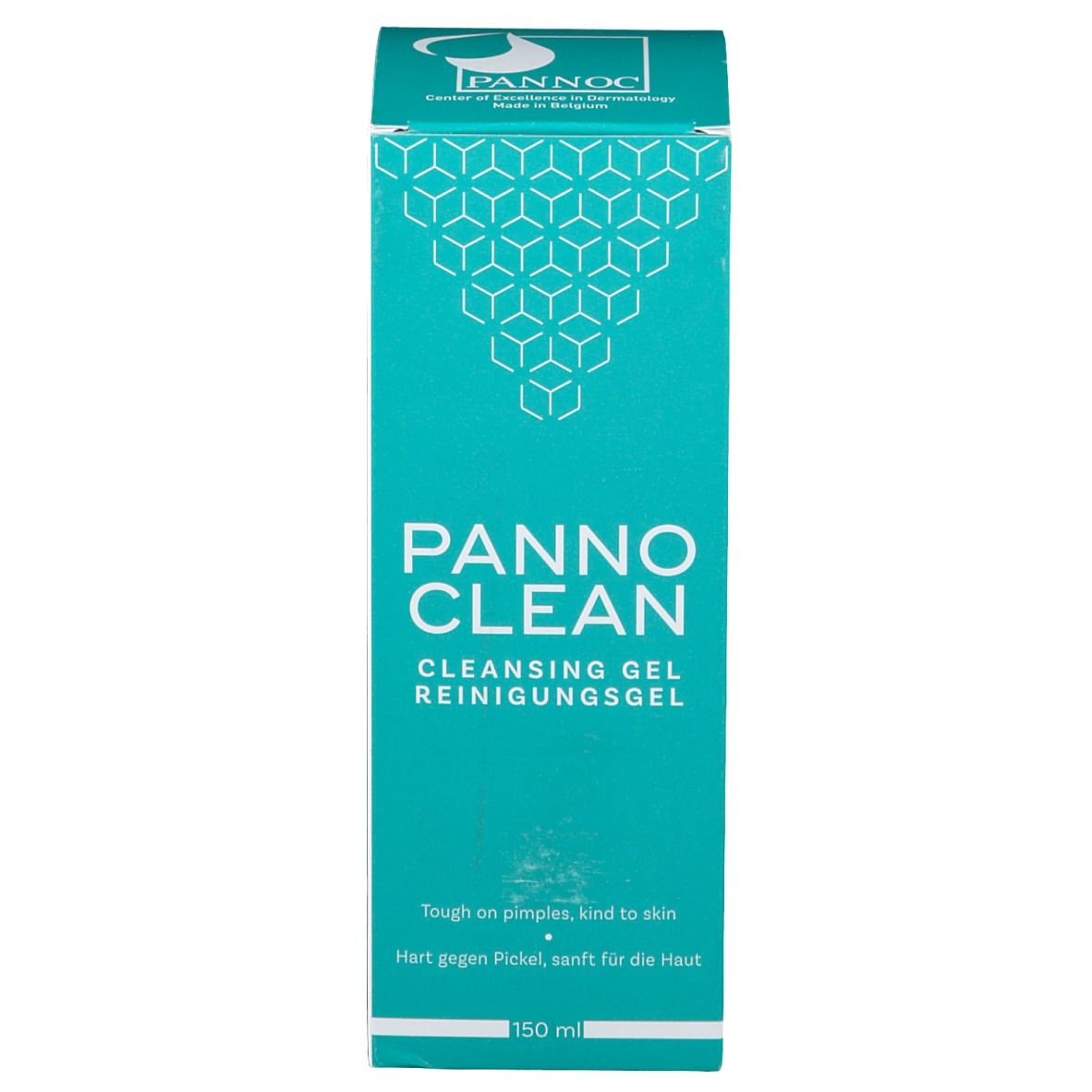 Schachtel mit Produktinformationen. Aufschrift: PANNO CLEAN, Reinigungsgel, 150ml. Türkis und weiß.