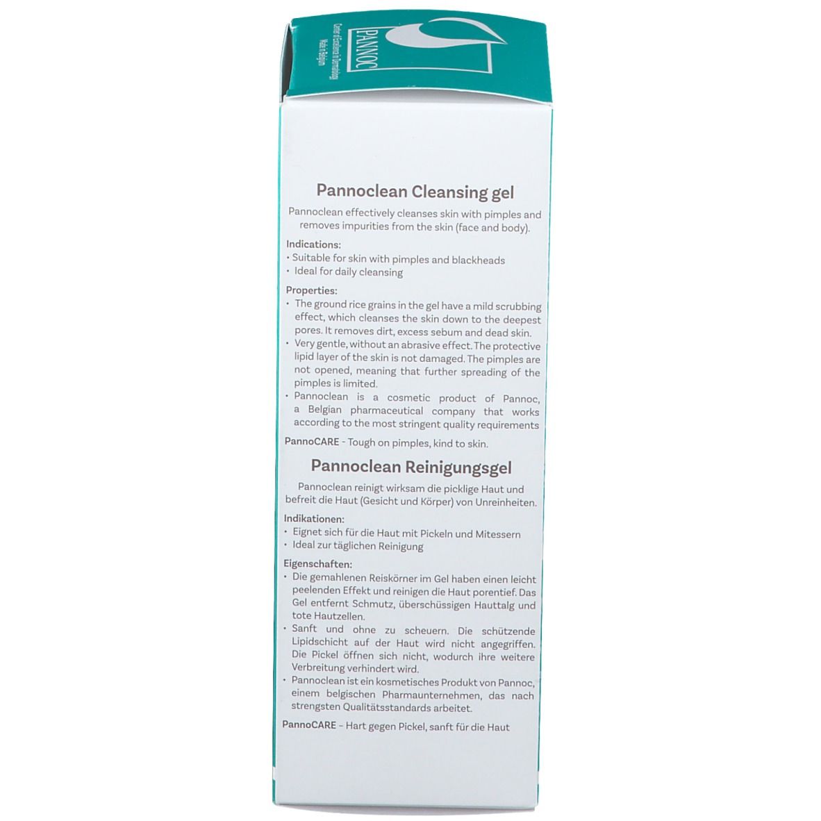 Schachtel mit Produktinformationen. Text in Englisch und Deutsch. Türkis und weiß.