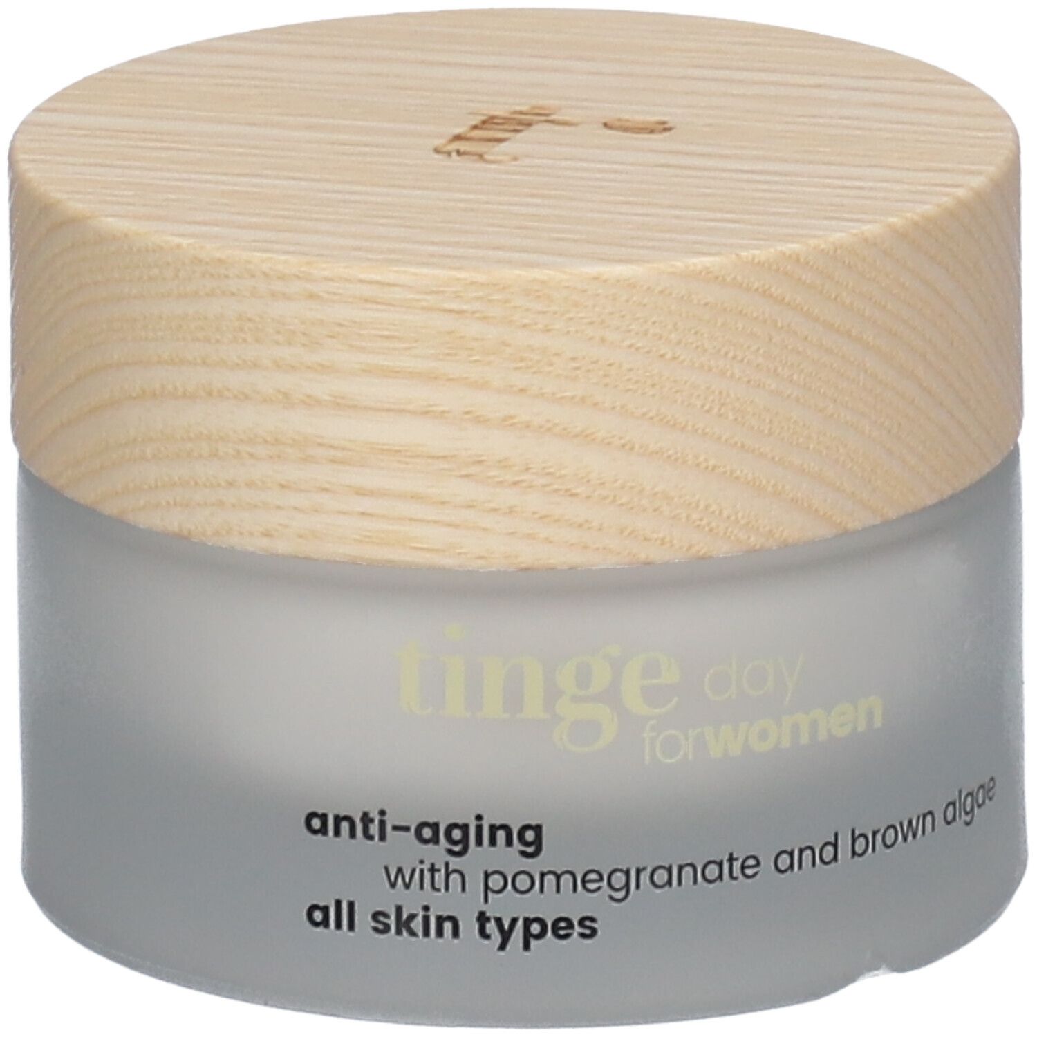 Tinge Tagescreme für Frauen. Glasbehälter mit Holzdeckel. Aufschrift: Anti-Aging, Granatapfel und Braunalgen, alle Hauttypen.