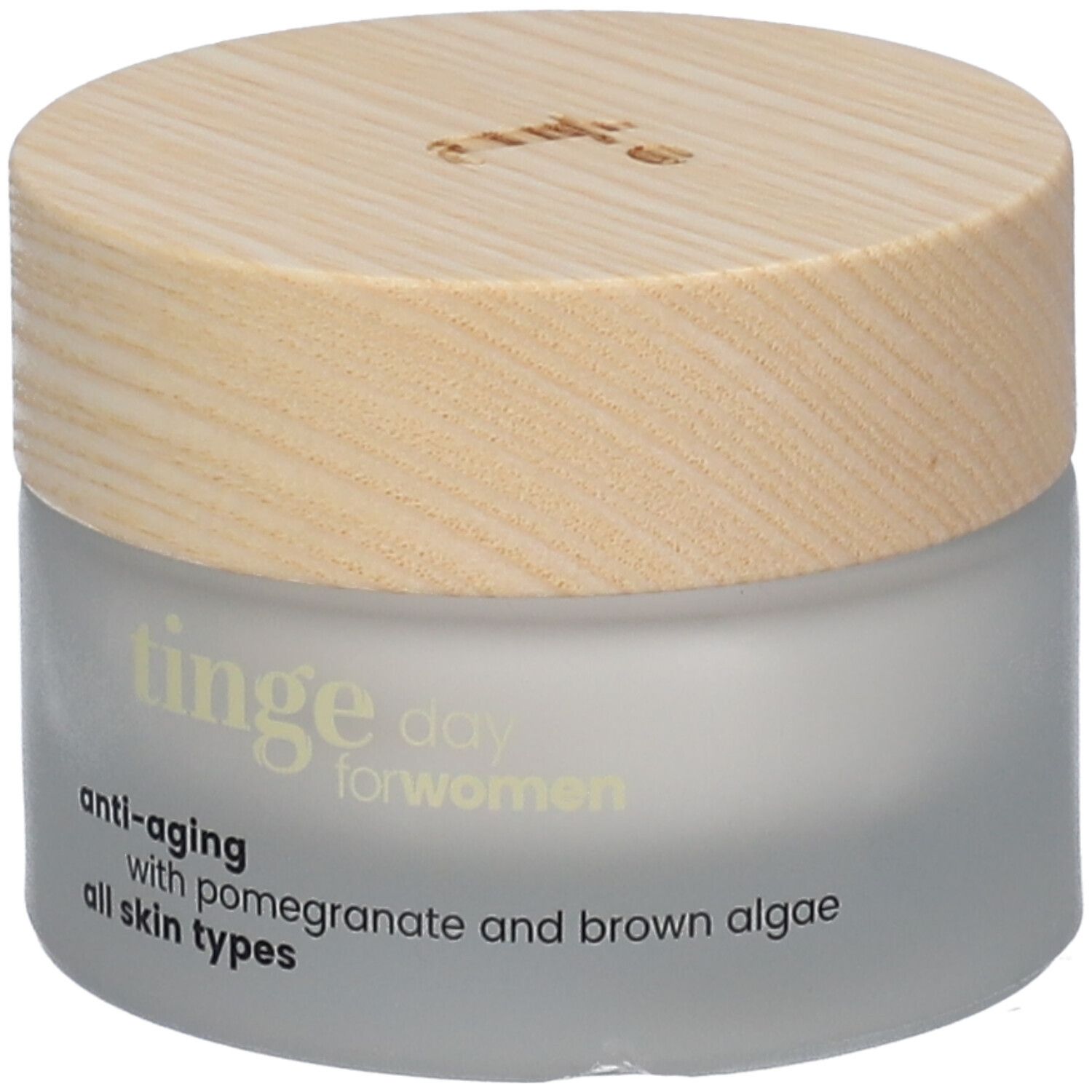 Tinge Tagescreme für Frauen. Glasbehälter mit Holzdeckel. Aufschrift: Anti-Aging, Granatapfel und Braunalgen, alle Hauttypen.