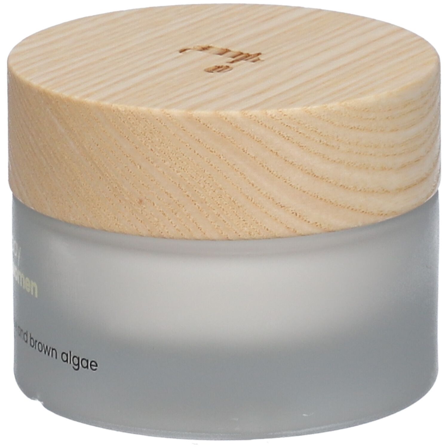 Tinge Tagescreme für Frauen. Glasbehälter mit Holzdeckel. Aufschrift: Anti-Aging, Granatapfel und Braunalgen, alle Hauttypen.
