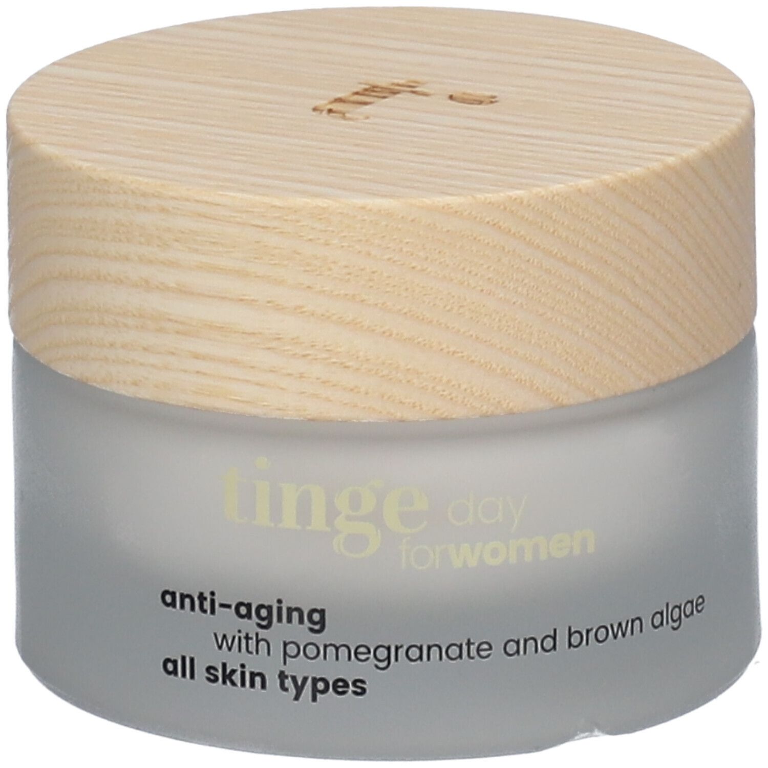 Tinge Tagescreme für Frauen. Glasbehälter mit Holzdeckel. Aufschrift: Anti-Aging, Granatapfel und Braunalgen, alle Hauttypen.