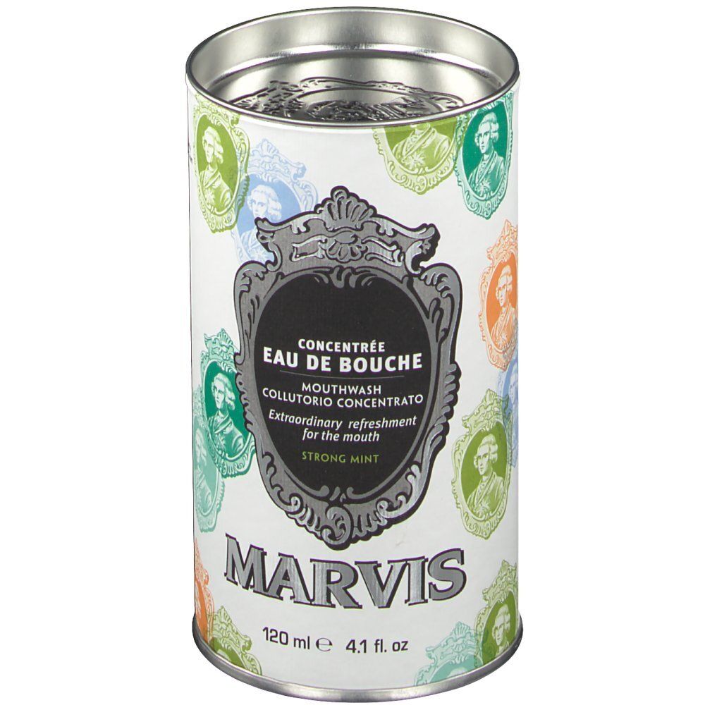 Zylindrische Dose mit MARVIS-Logo und 'Eau de Bouche'. Starke Minze. 120 ml.