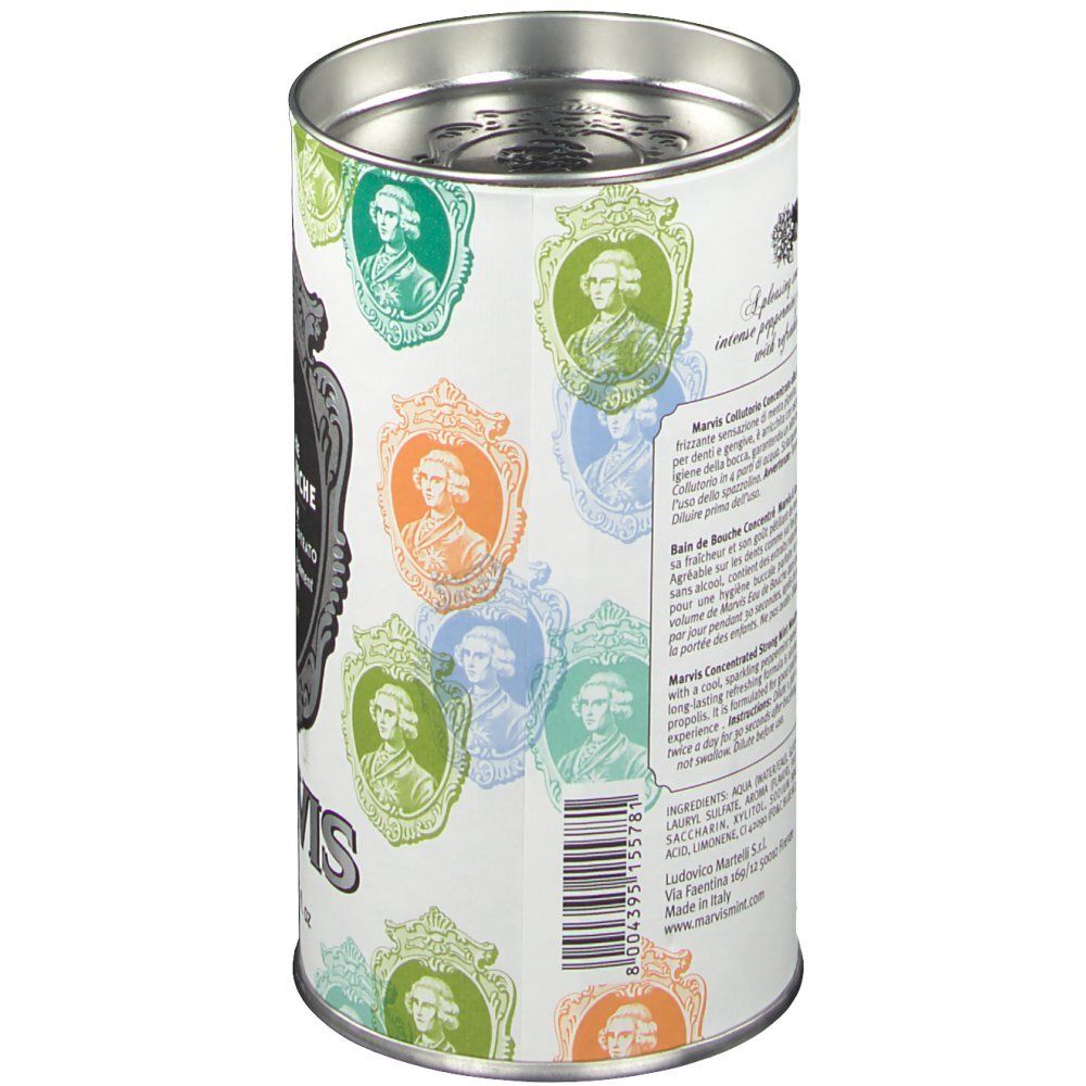 Rückseite der Dose. MARVIS 'Eau de Bouche'. Text in mehreren Sprachen. Barcode.