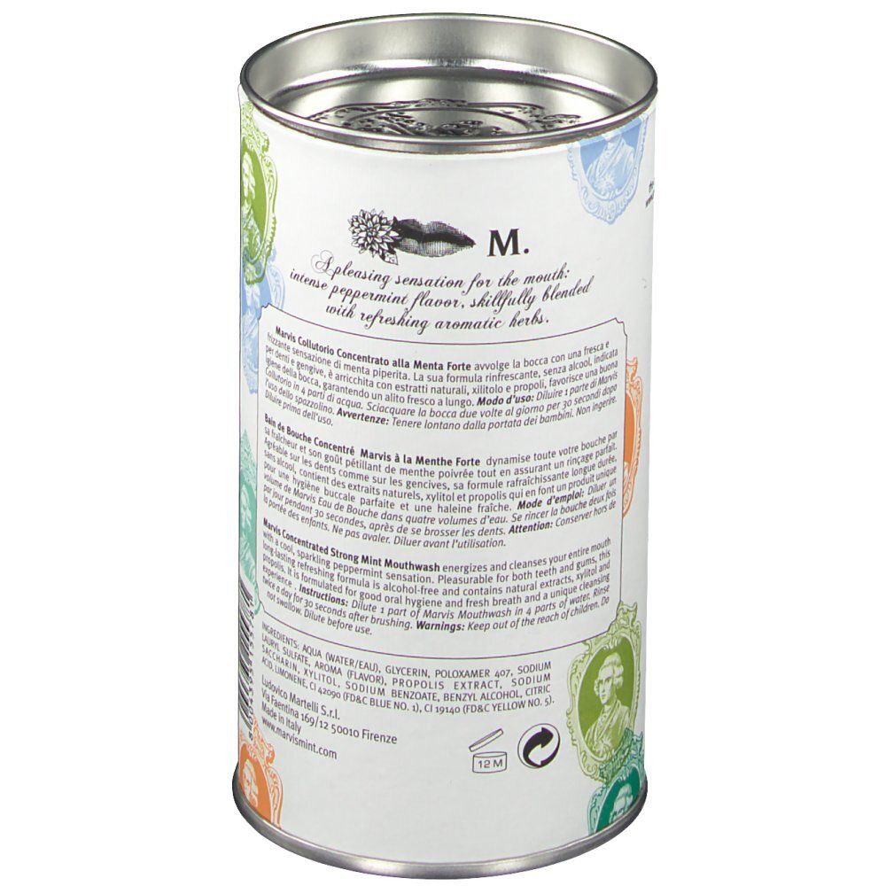 Rückseite der Dose. MARVIS 'Eau de Bouche'. Inhaltsstoffe und Anwendungshinweise.