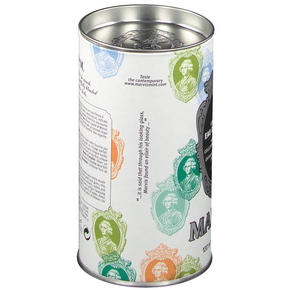 Dose mit MARVIS-Logo und 'Eau de Bouche'. Zitat. Website-Adresse.