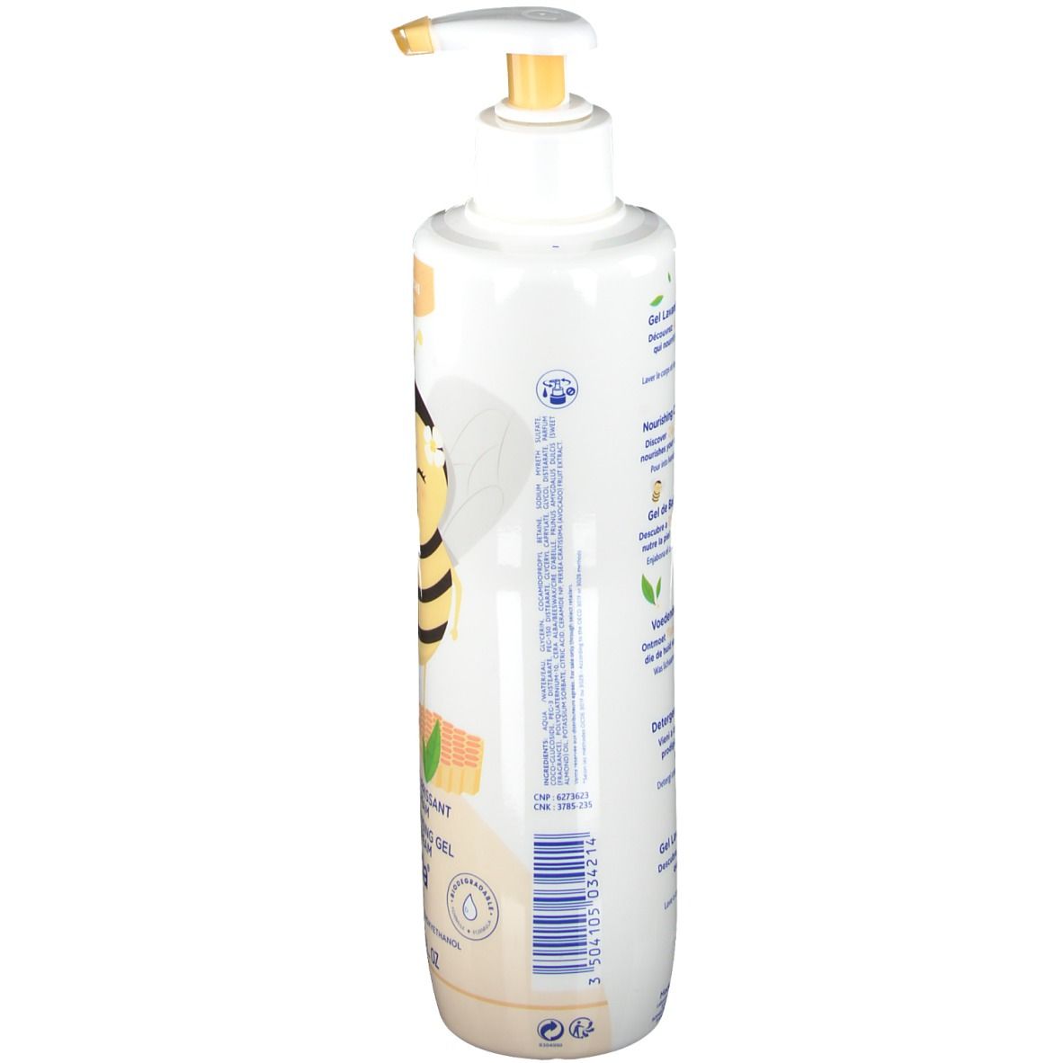Weißer Spender, Seitenansicht. Text: Produktinformationen, Inhaltsstoffe, Marke Mustela, Logos.