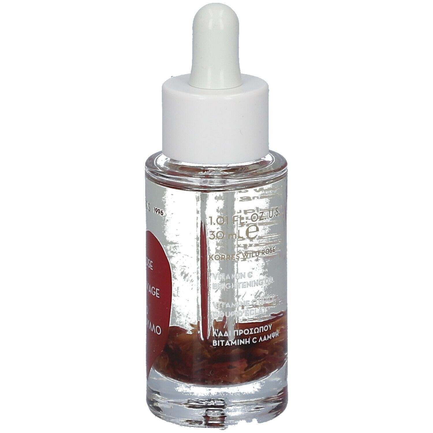 Klares Glasfläschchen mit weißem Deckel und Pipette. Rückseite mit Text. Wild Rose, Rose Sauvage, Αγριο Τριαντάφυλλο.
